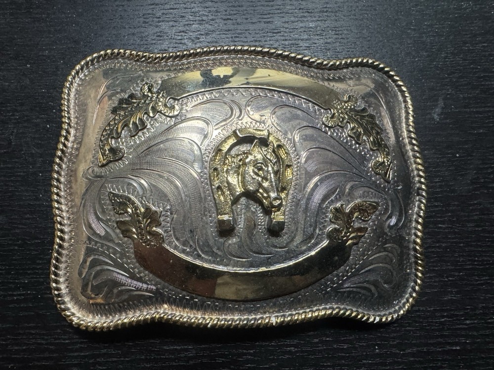 Vintage 1990s APASA Western Belt Buckle Horse & Horseshoe Hecho en Mexico