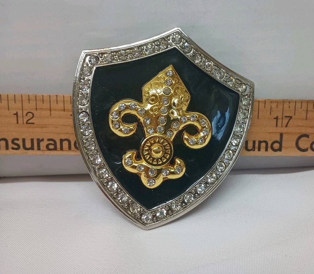 New Silver Gold Black Shield Shaped Metal Belt Buckle Rhinestones Fluer De Lis