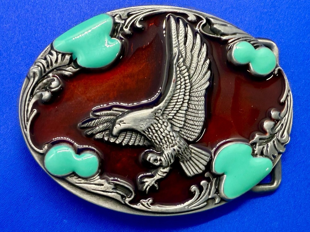 Flying Hunting Eagle Turquoise & Red Color Southwestern Style Belt Buckle