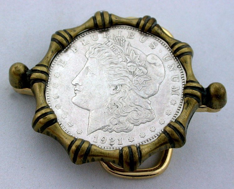 Antique Gold Color REAL 1921 Morgan Silver Dollar Belt Buckle pbb50