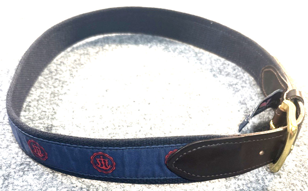 Vineyard Vines Belt Mens 32 Navy Blue Red Italian Cowhide Canvas Brass Buckle