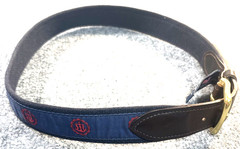 Vineyard Vines Belt Mens 32 Navy Blue Red Italian Cowhide Canvas Brass Buckle