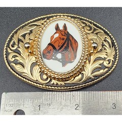 Vintage Brass Horse Head Belt Buckle with Porcelain Cameo 3.25&Prime; Western