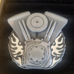 V-Twin Motorcycle Engine Biker Metal Belt Buckle With White Enamel Flames New