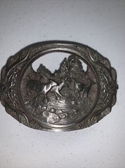 MEN&rsquo;S HEAVY PEWTER 1990 C + J INC DEER SCENE AND ANTLER BELT BUCKLE MADE IN USA