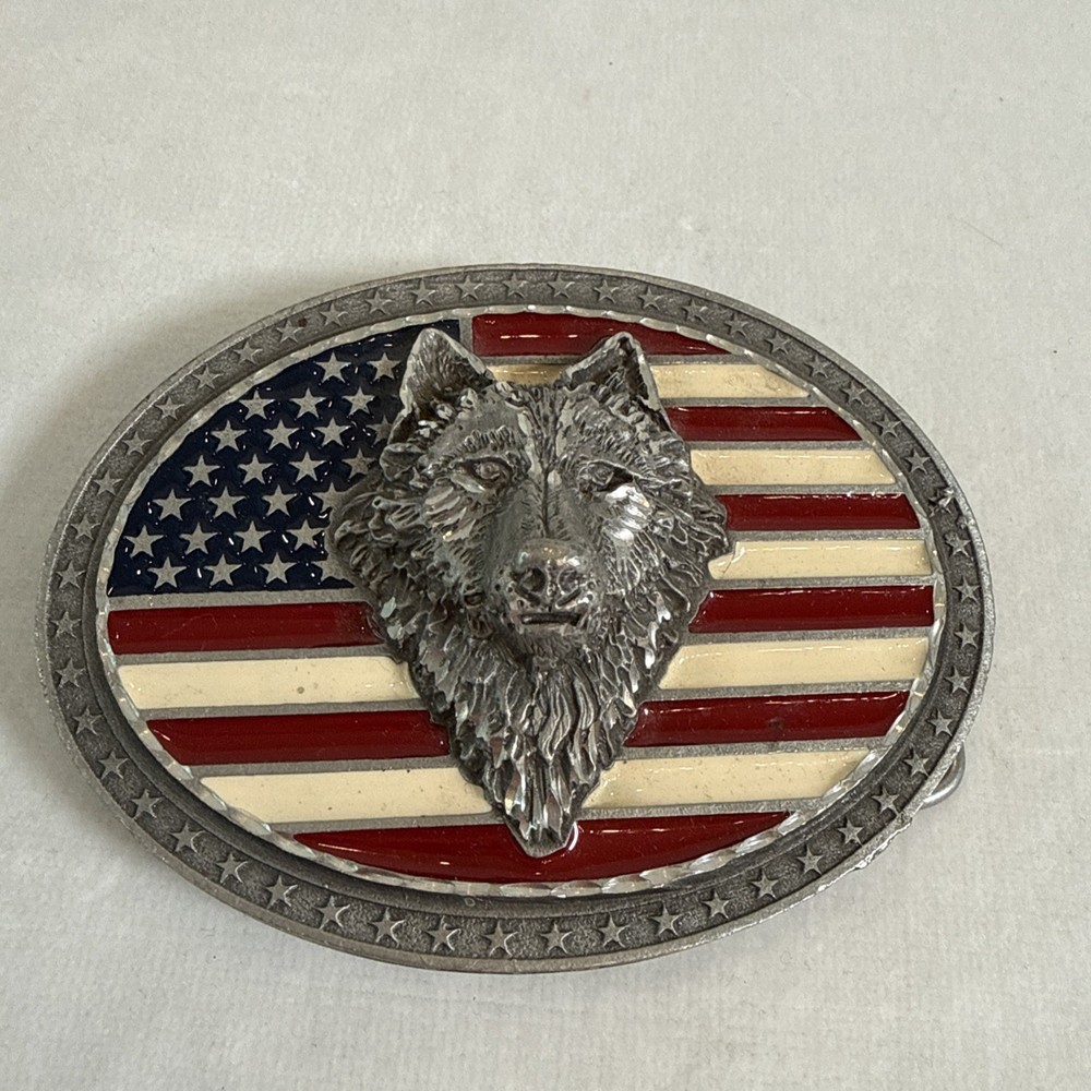 Vtg Wolf Head American Flag Western Cowboy Belt Buckle USA Made Legends West