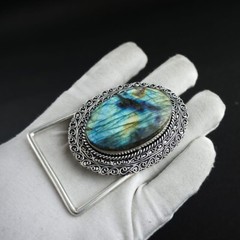 Natural Labradorite Gemstone Handmade 925 Sterling Silver Vintage Belt Buckle