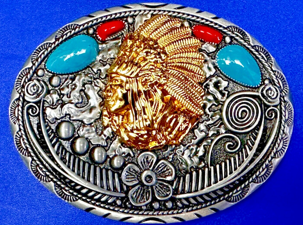 Native American Indian Chief in Head Dress Faux Turquoise & Coral Belt Buckle