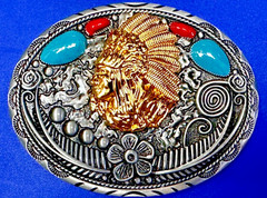Native American Indian Chief in Head Dress Faux Turquoise & Coral Belt Buckle