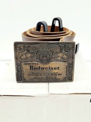 Vintage 1970s-era Budweiser Beer Brass Belt Buckle Anheuser-Busch + Leather Belt