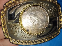 Vintage 1968 Mexico 25 Pesos Coin in Silver Tone Belt Buckle Western Mens Cowboy
