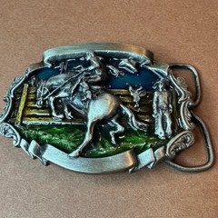 Vintage Western Rodeo Bronco Rider Belt Buckle Enamel Pewter Tone Cowboy Style