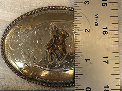 Vintage Alpaca Silver and Brass Belt Buckle Rider & Horse 4&Prime; x 2.75&Prime;