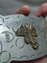 vintage JUSTIN belt buckle NICKEL SILVER equestrian SADDLE cowboy WESTERN rodeo