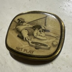 VINTAGE ANTIQUE METAL BELT BUCKLE- Playing Tennis Sport Net Play Cartoon Man Dad