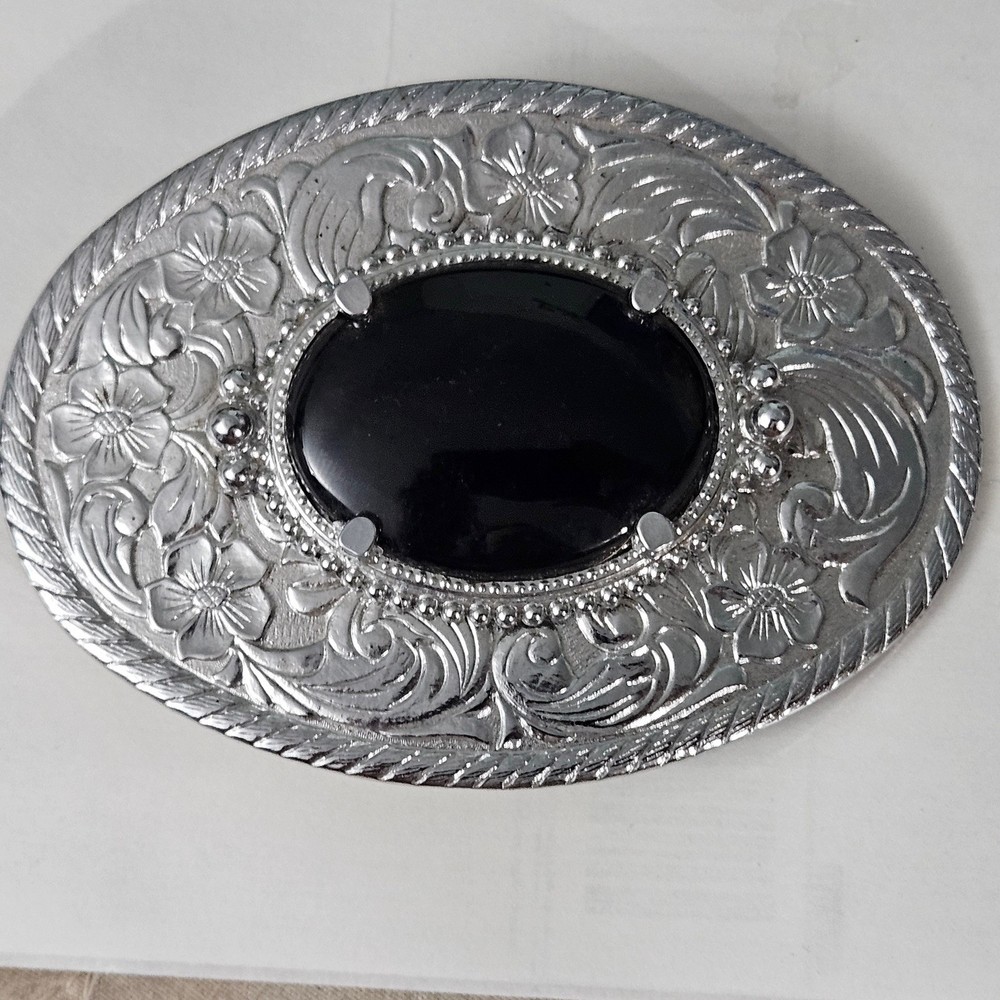 AWESOME Ornate Vintage Silver Buckle with Black Onyx Gem Floral Engraved Retro
