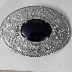 AWESOME Ornate Vintage Silver Buckle with Black Onyx Gem Floral Engraved Retro