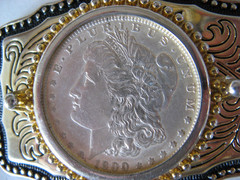 REDUCED $$$, 1900 Morgan Silver Dollar Belt Buckle Black, Gold, Silver Color
