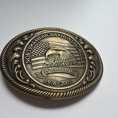 North American Hunting Club Brass Belt Buckle 25th Ann 1978-2003 Oval Eagle Flag