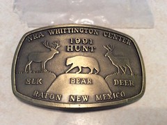 NRA Belt Buckle Whittington Center Raton NM 1991 Hunt Elk Bear Deer 3.5&Prime; x 2.25&Prime;