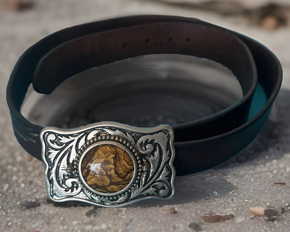 VINTAGE GENUINE LEATHER BELT , SILVER BUCKLE , LARGE POLISHED JASPER STONE