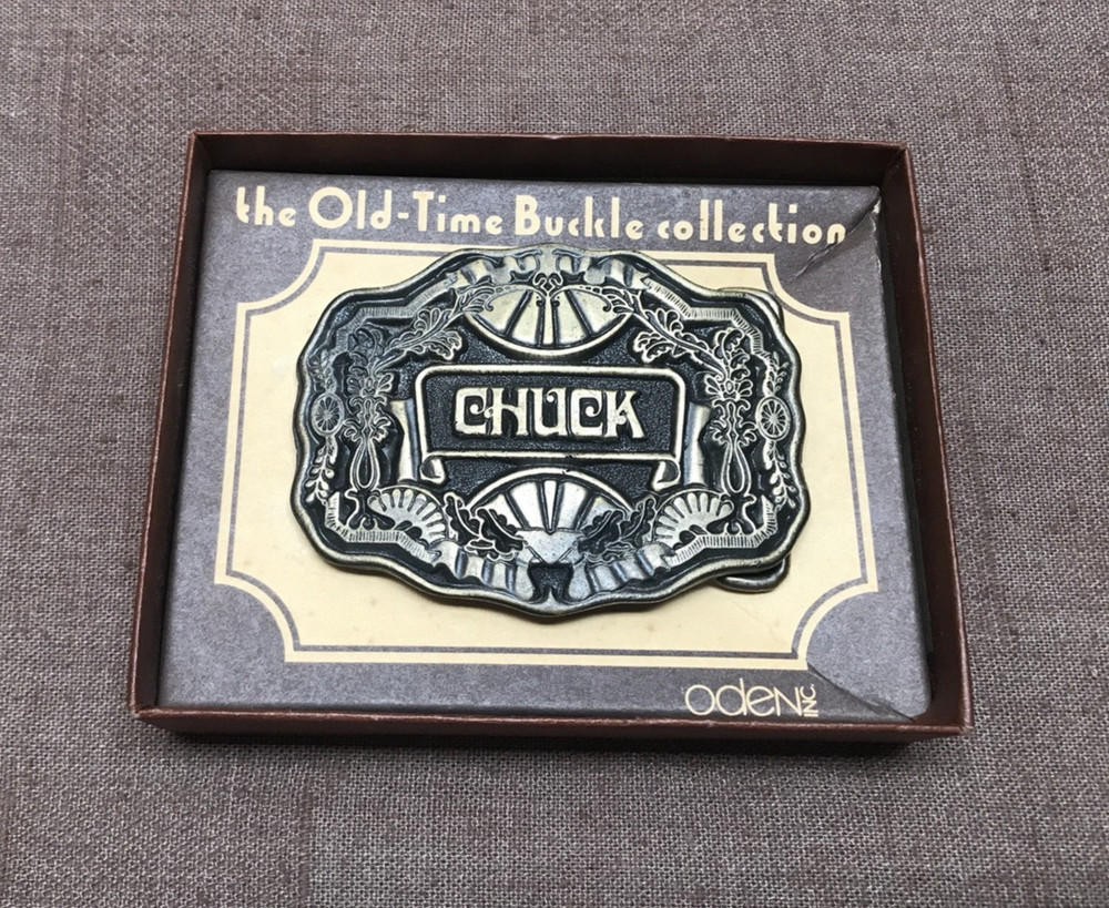Vintage Oden Inc CHUCK Name Plate Belt Buckle with Original Box