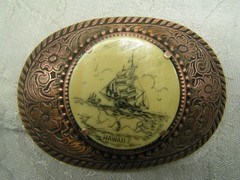 Clipper Ship Scrimshaw Belt Buckle Copper Hawaii