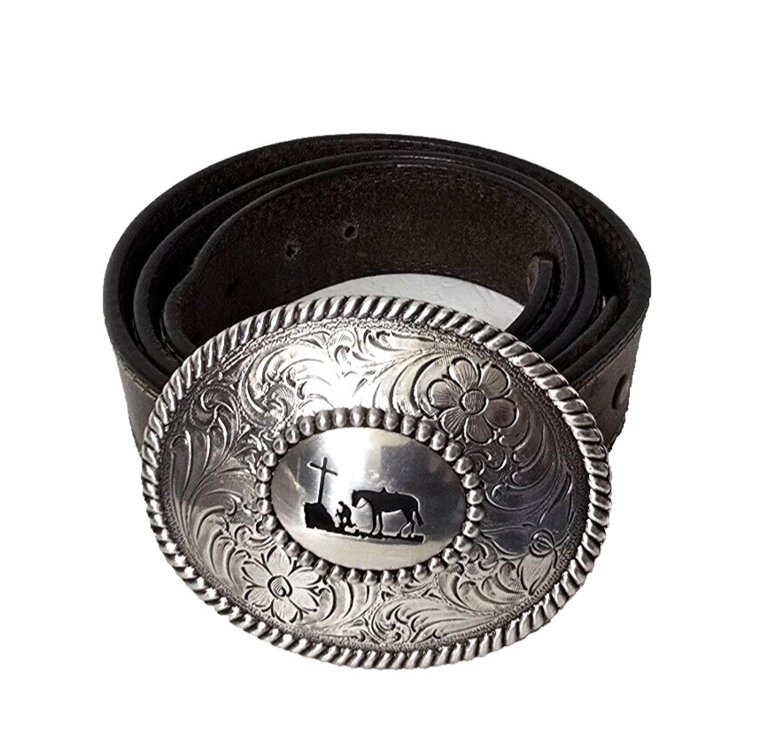 Nocona Belt Buckle Cowboy Horse Prayer Silver-toned Religious Rodeo Leather Belt