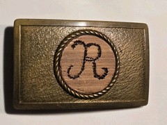 Vintage Brass Belt Buckle “R” Initial In Wood Inlay 3”x 2” One Of A Kind