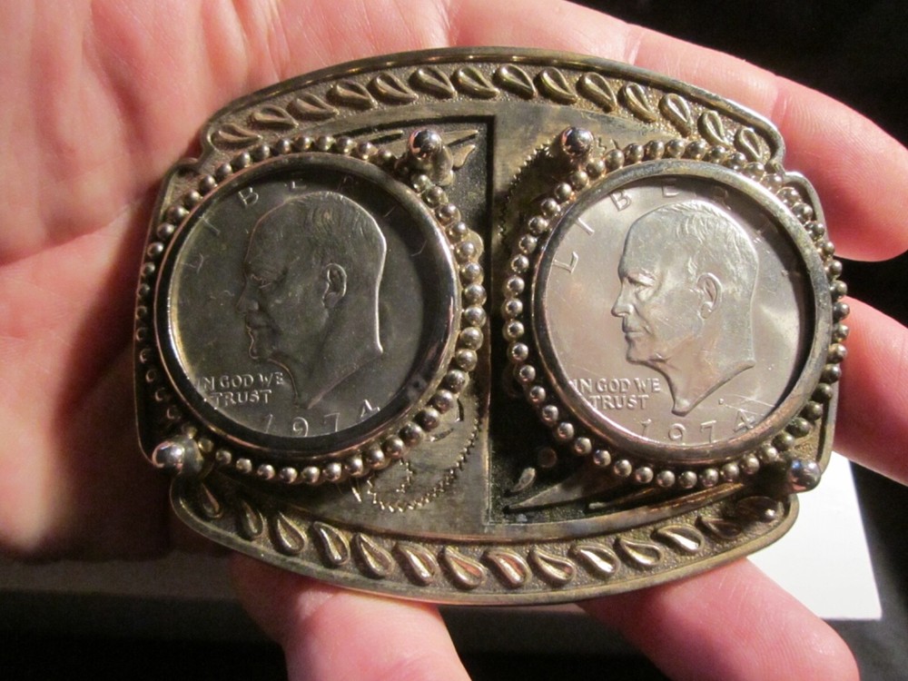 DOUBLE SILVER DOLLAR COINS BELT BUCKLE 1974 – HEAVY – BBA-45