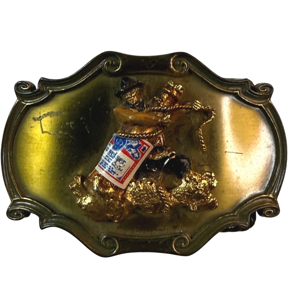 Vintage 1976 Budweiser Belt Buckle Mens Gold Rodeo Cowboy 3D Western Americana