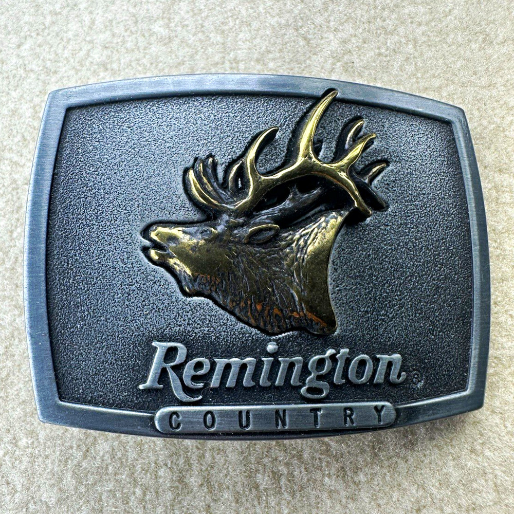 Remington Bugling Elk Metal Western Belt Buckle 1986 Made in USA Fits 1.5&Prime;