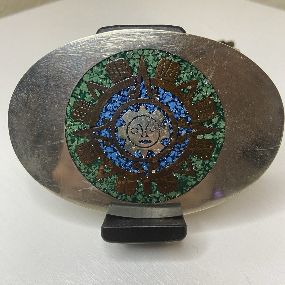 Oval Sun Aztec Inlay Belt Buckle Silver tone Green Blue Metal Geometric 3.5&Prime;