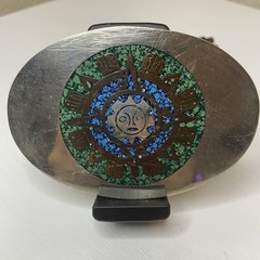 Oval Sun Aztec Inlay Belt Buckle Silver tone Green Blue Metal Geometric 3.5&Prime;