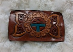 vintage NATIVE AMERICAN belt buckle TOOLED handcrafted WESTERN leather INDIAN