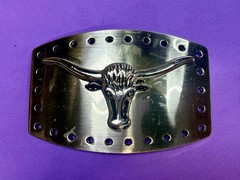 Texas Longhorn Cow Bull Head Steer Hole Border Silver Color Western Belt Buckle