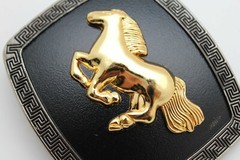 Men Casual Look Western Belt Buckle Silver Metal Square Gold Rodeo Horse Black