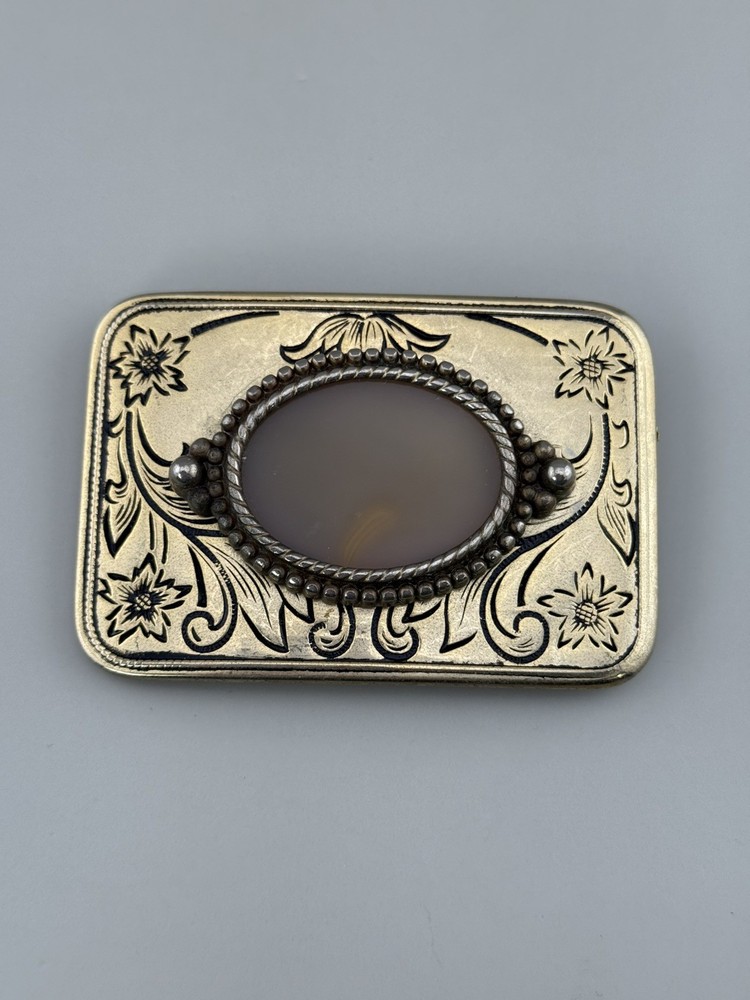 Engraved Brass Belt Buckle Agate Cabochon Floral Western Scroll Vintage Heavy