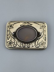 Engraved Brass Belt Buckle Agate Cabochon Floral Western Scroll Vintage Heavy