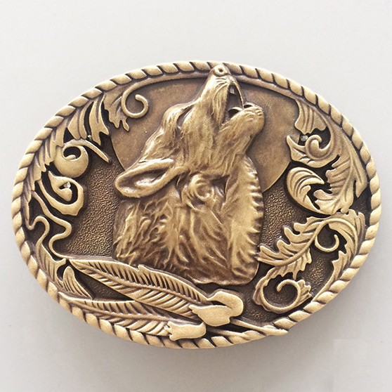 Western Men Leather Belt Buckle Wolf Wolverine Oval Shape Pattern