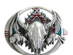 New Raised Steer Skull Belt Buckle Enameled South Western Metal Pewter Tone