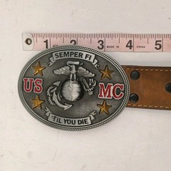 USMC Marine Corps Enameled Belt Buckle And Leather Wrangler Belt 39&Prime;-44&Prime;