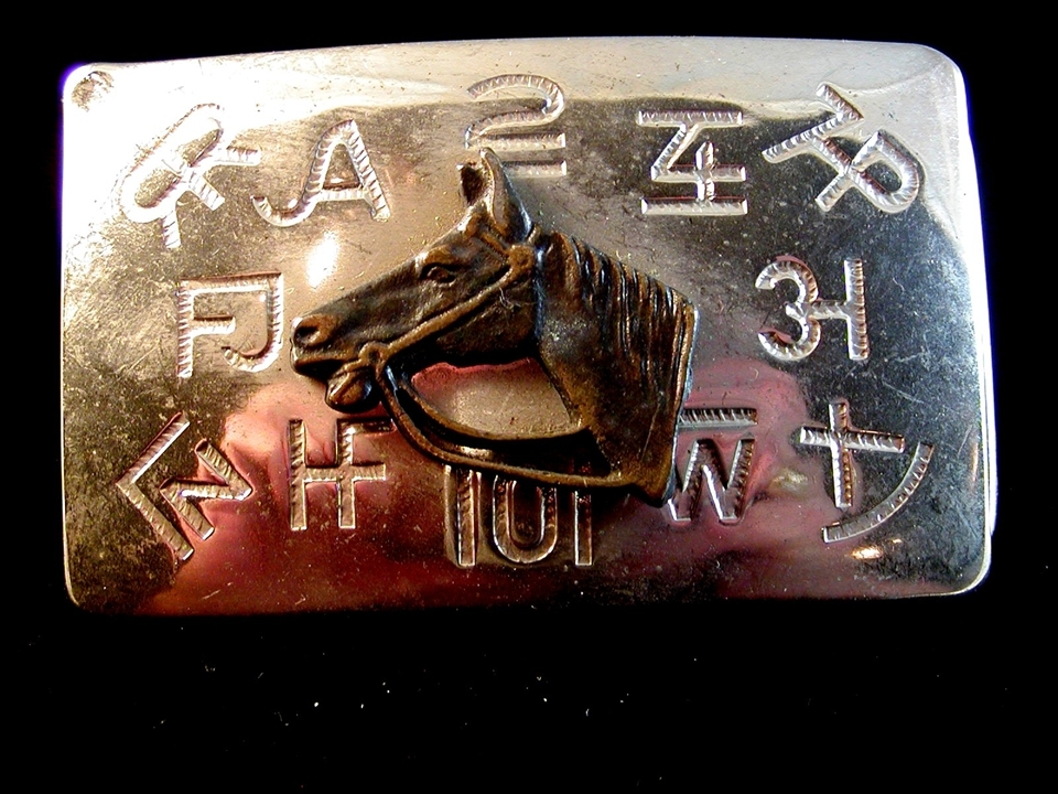 Horse belt buckle two tone with various branding symbols