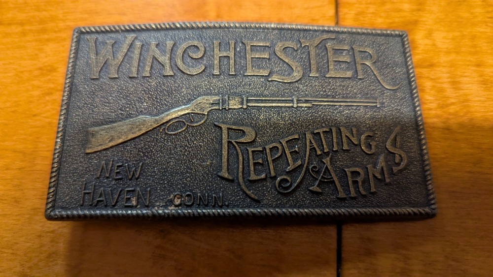 Vintage Winchester Repeating Arms Belt Buckle Brass Rifle Lewis Buckles 1970s