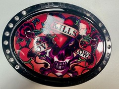 Ed Hardy Love Kills Slowly Signature Tattoo Skull with Rhinestones Belt Buckle