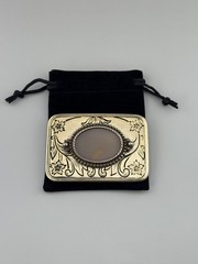Engraved Brass Belt Buckle Agate Cabochon Floral Western Scroll Vintage Heavy
