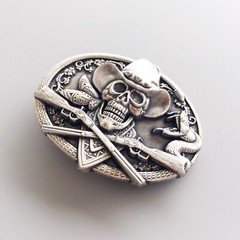 Vintage Silver Plated Skull Rifles Cowboy Metal Belt Buckle