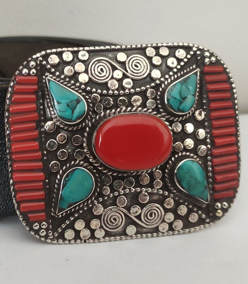 BT Tibetan Silver Belt Buckle Belt waist trap Turquoise Coral Clasp