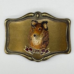 Vtg 1978 AHM Collie Dog Brass Belt Buckle Enamel 3D Relief Animal Collectible