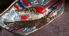 NWOT LG RED BLUE STRIPE GOLD EAGLE ROPE TRIM SILVER 3D BELT BUCKLE 1 1/2&Prime; $65